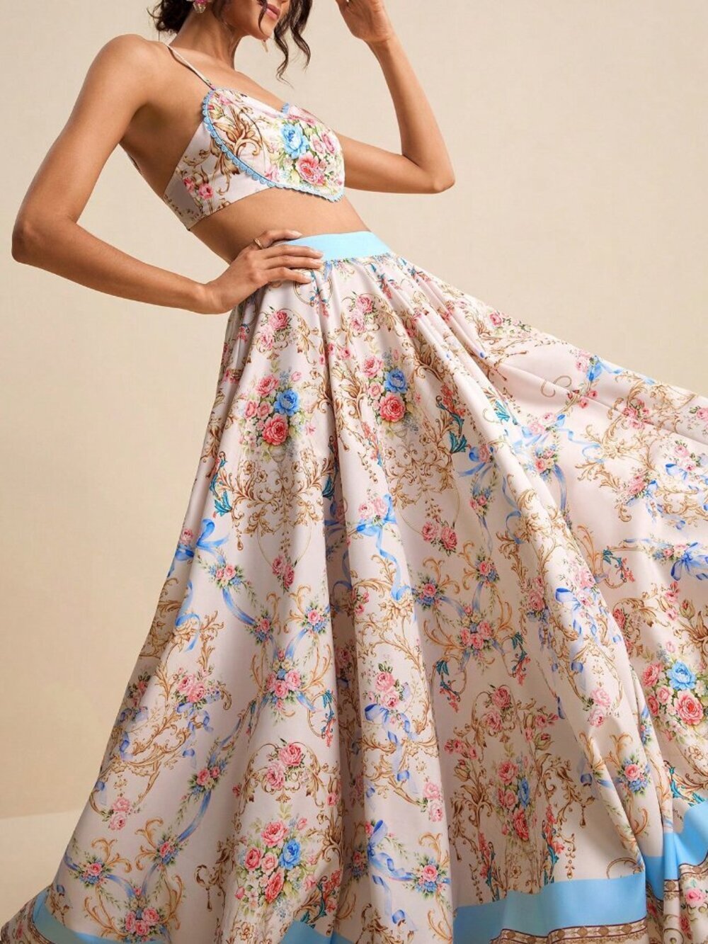 Pink Boho Women's Heart Ruffle Hem Cropped Top And Printed A-Line Mini Skirt Set - Picture 7 of 8